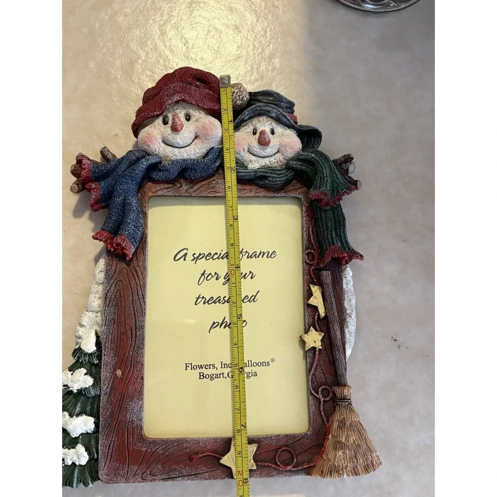 Christmas Winter Snowman Table Top Picture Frame, Hand Painted, Flowers Inc